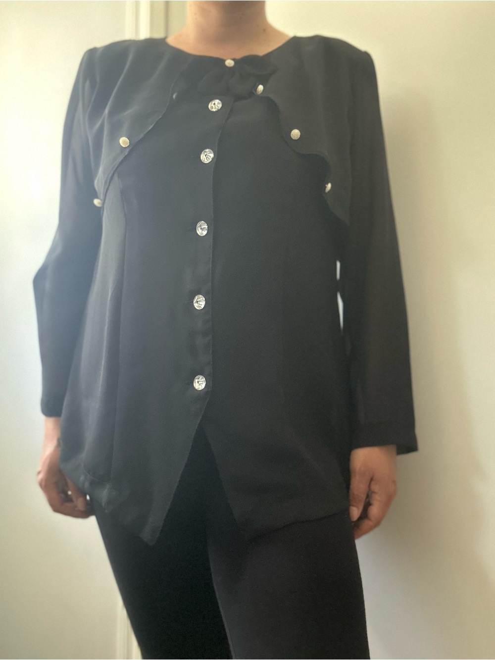 Candy Girl Black Long Sleeve Semi Sheer Button-Up Blouse with front Bow Detail